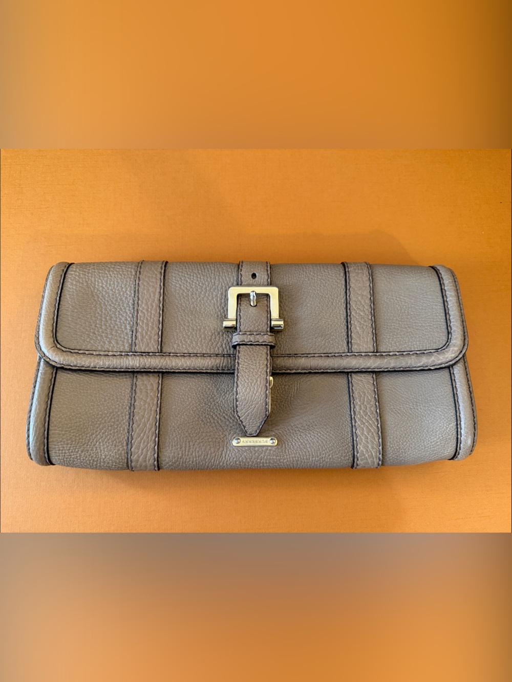 Burberry Taupe Pebbled Leather Buckle Clutch